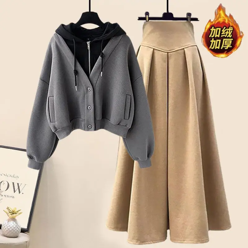 Autumn and Winter Set Women\'s 2023 New Korean Edition Slim Hooded Top High Waist Half Skirt Two Piece Set Fashion