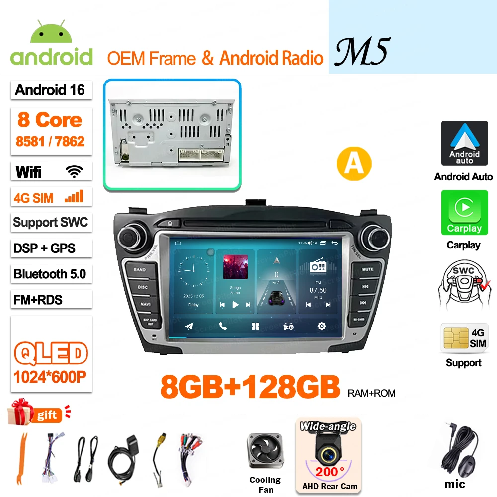 Android 16 Carplay voor Hyundai IX35 Tucson 2 LM 2009 - 2015 autoradio multimediaspeler QLED scherm GPS navigatie WiFi 5G