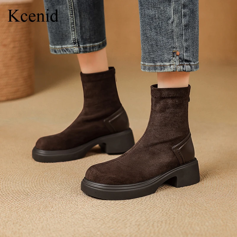 

Kcenid/женские ботинки челси в стиле ретро с круглым носком и толстой подошвой, женская обувь высокого качества на молнии, осенне-зимние ботильоны, размер 42 43