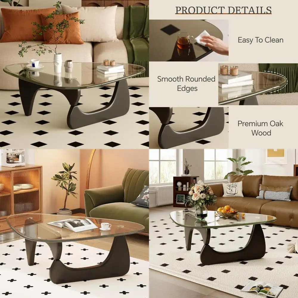 

Mid-Century Modern Living Room Coffee Table with Glass Surface and Oak Wood, Transparent or Black Options