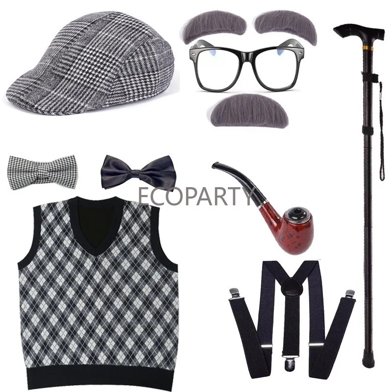 2024 New Kids 100 Days of School Costume for Boys Halloween Old Man Costume Hat Glasses Wig and Grandpa Vest Cane Full Set Child