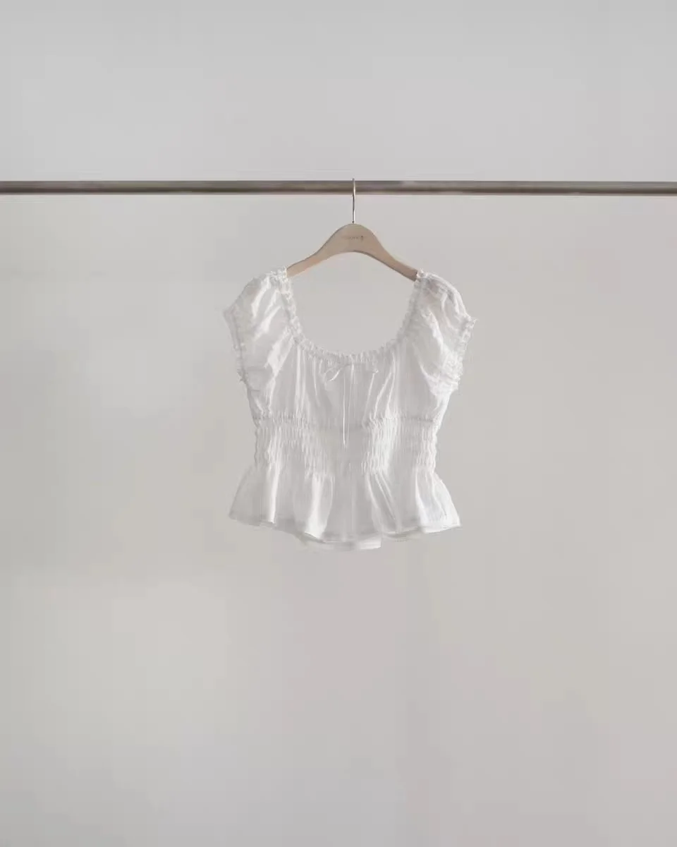 Korean Style Sweet Pleated Bubble Sleeve Shirt Waist Cinched Summer New Arrival Dongdaemun Soft Cotton Short Sleeve Top