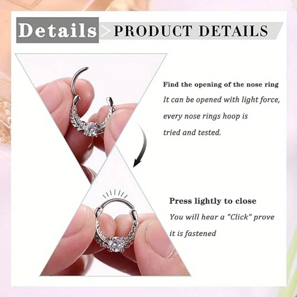 FINREZIO 1Pc Stainless Steel 16G Septum Clicker Rings CZ Opal Cartilage Helix Tragus Hoop Earrings Nose Rings Piercing Jewelry