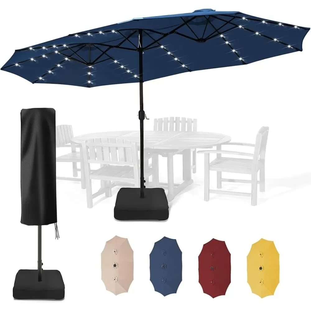 Outdoor 40LED 15 Foot Large Umbrella, Including Base and Cover, Outdoor Double-sided Umbrella with Solar Lights