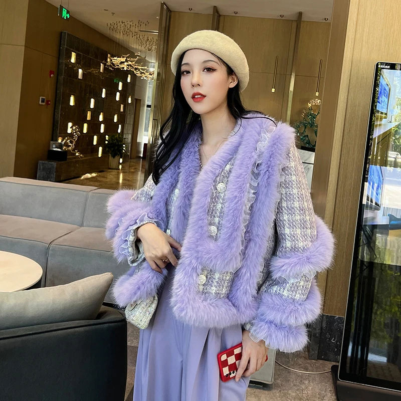 Elegant Lady Woolen Fur Jacket Purple Faux Fur Jacket High Quality 2023 Autumn Winter Fur Cardigan Coat Women Street Outerwear