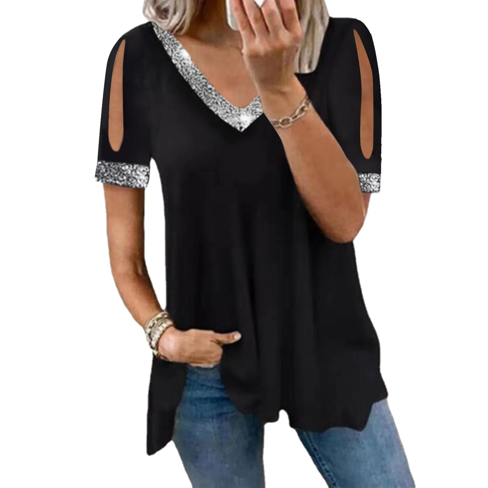 Spring Summer Women Solid Color Fashion Off Shoulder Sequins Tshirt V Neck  Loose Fit Short Sleeve Casual Basic Shirt XS-5XL