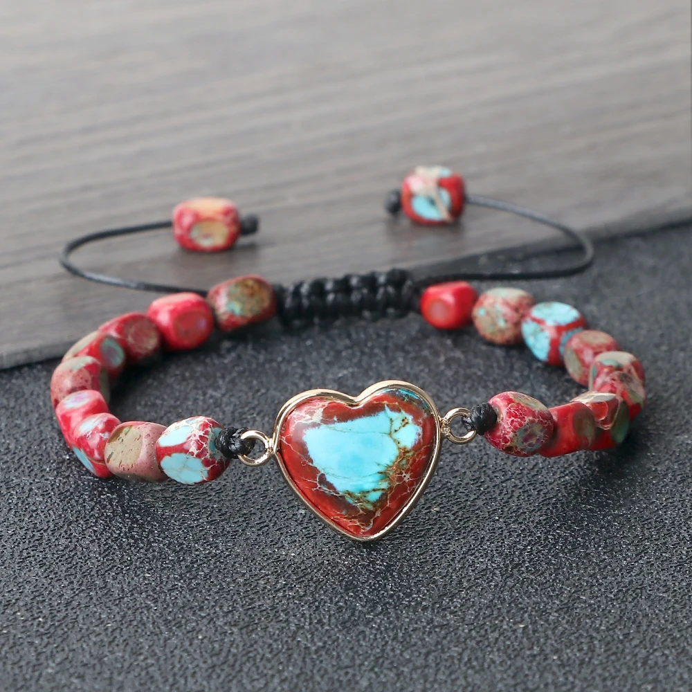 New Women Bohemian Bracelets Natural Heart Shape Emperor Stone Beads Bracelets Hand Woven Healing Reiki Yoga Bangle Jewelry Gift
