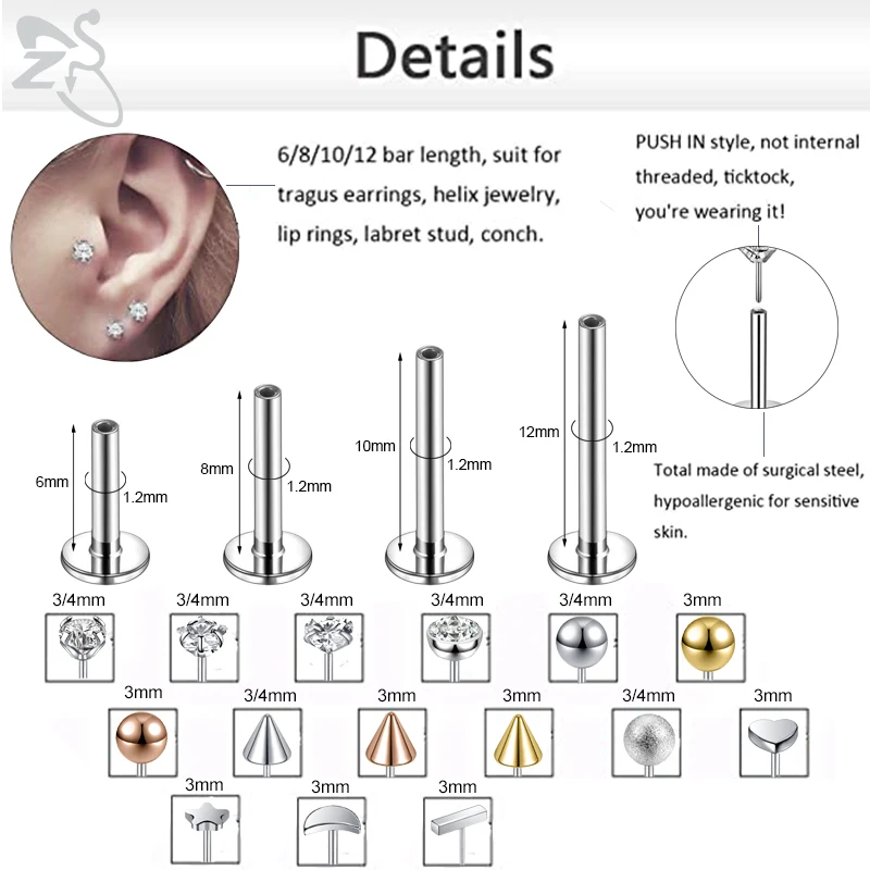 ZS 6-13PCS/LOT 16G Push-In Lip Ring Stainless Steel Crystal Lip Stud Ear Screen Spiral Earring for Women Tragus Helix Piercings