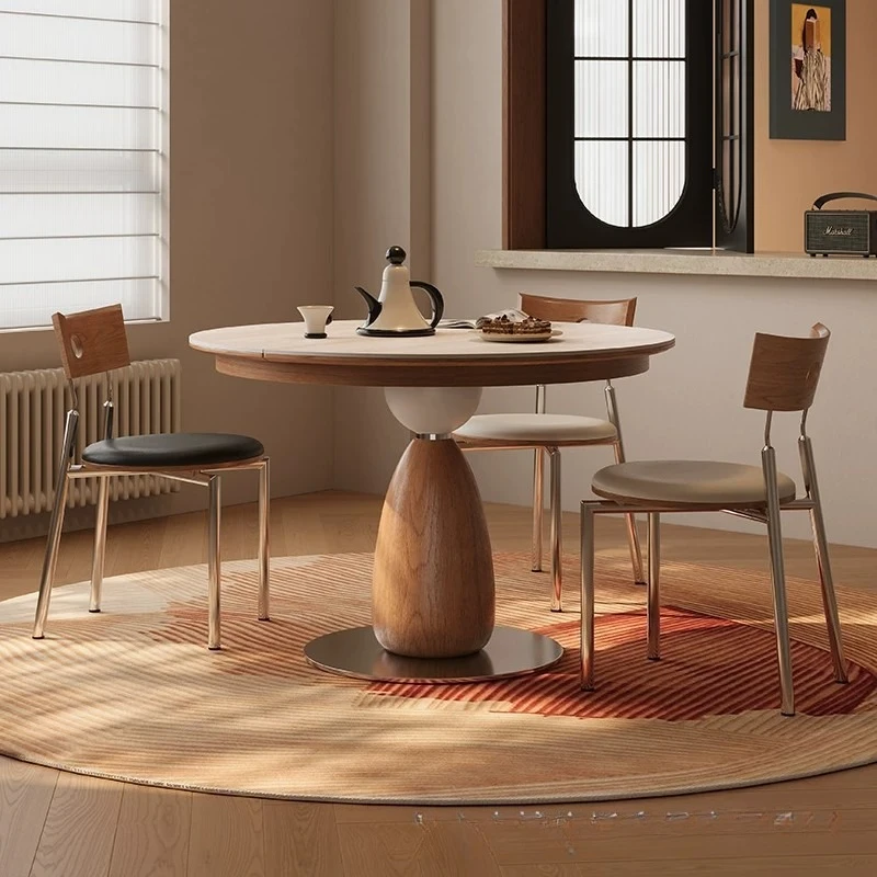 Travertine rock slab solid wood telescopic round dining table becomes oval stretching table modern folding