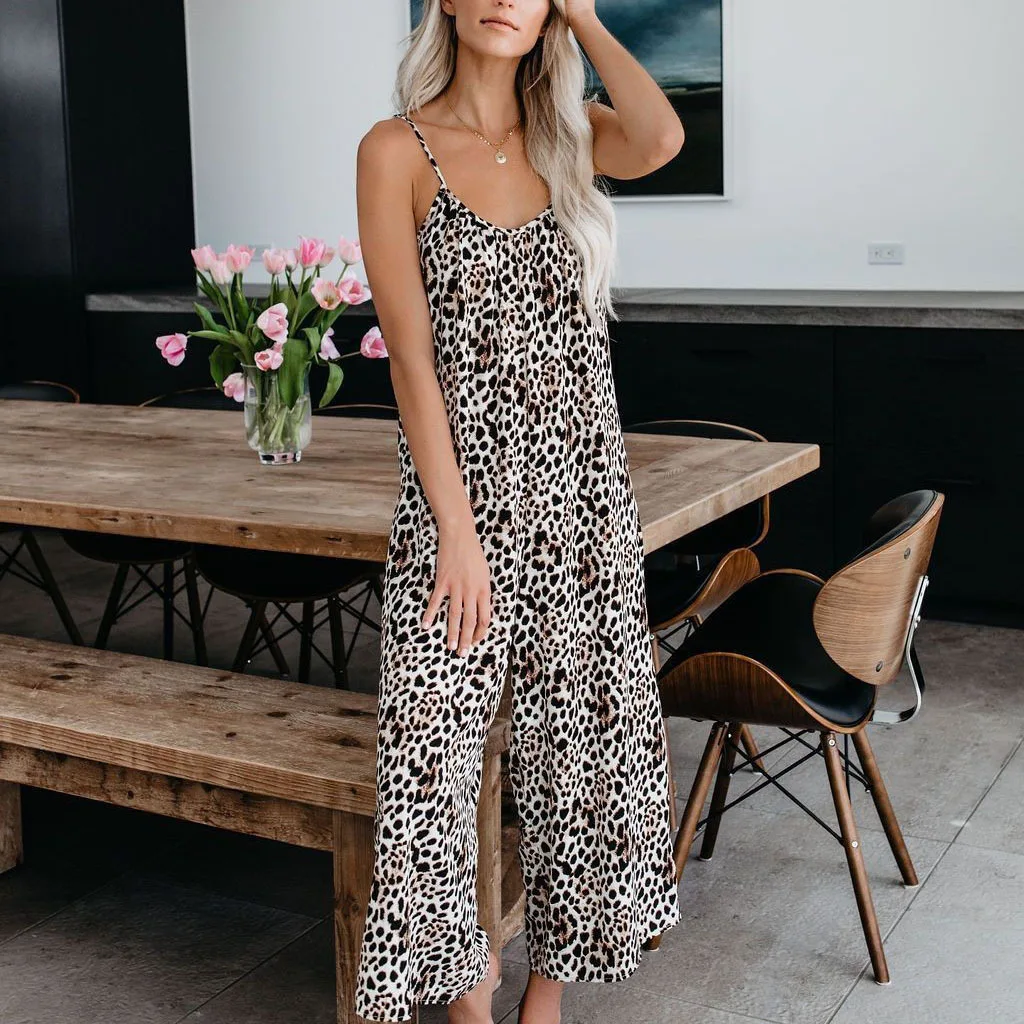 

Summer Thin Pants Jumpsuit Suspenders Sexy Wide-Legged Casual Printed Pants Loose Daily Versatile Wear