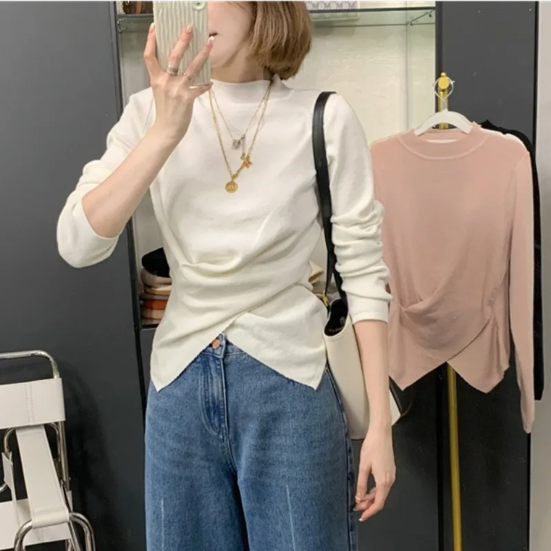 

Solid Color Long Sleeved Soft Irregular Half High Neck Women's Knitted Tops Spring Autumn Casual Slimming Lady Inner Sweater New