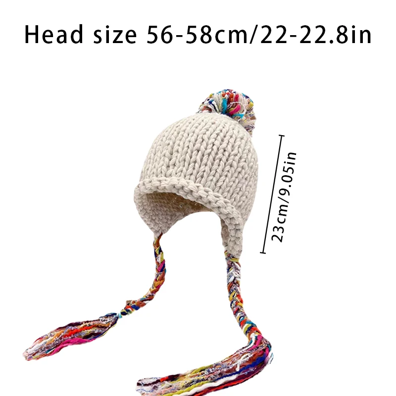 New women\'s colorful tasseled wool cap Ethnic style caps warm ear protection hat Thickened hand-knit cap cold wool cap