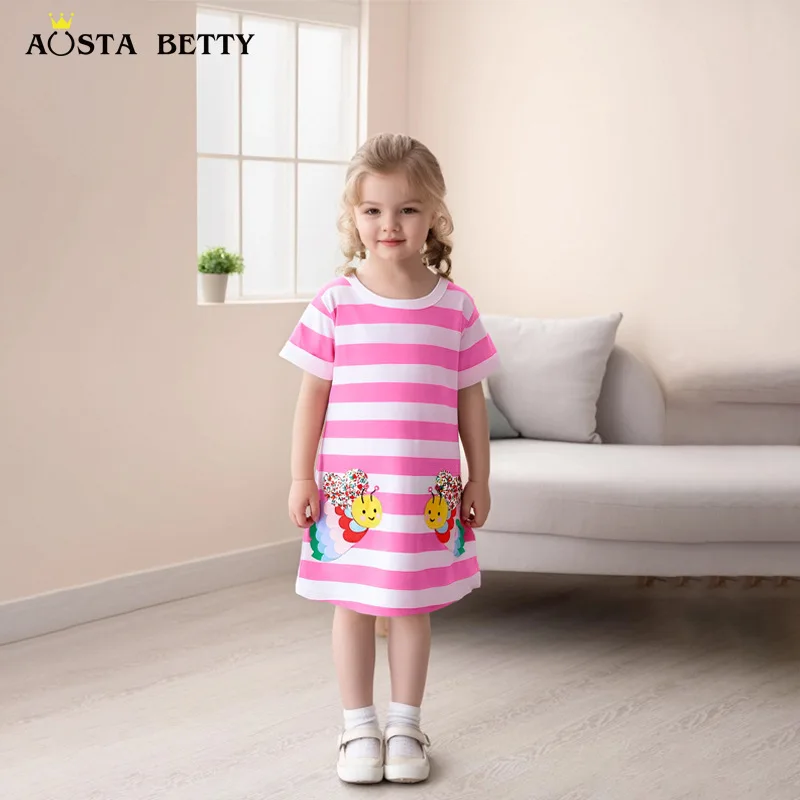 

26Summer girls' dress with cartoon bee embroidery appliqué, princess dress with fashionable stripes and round neck