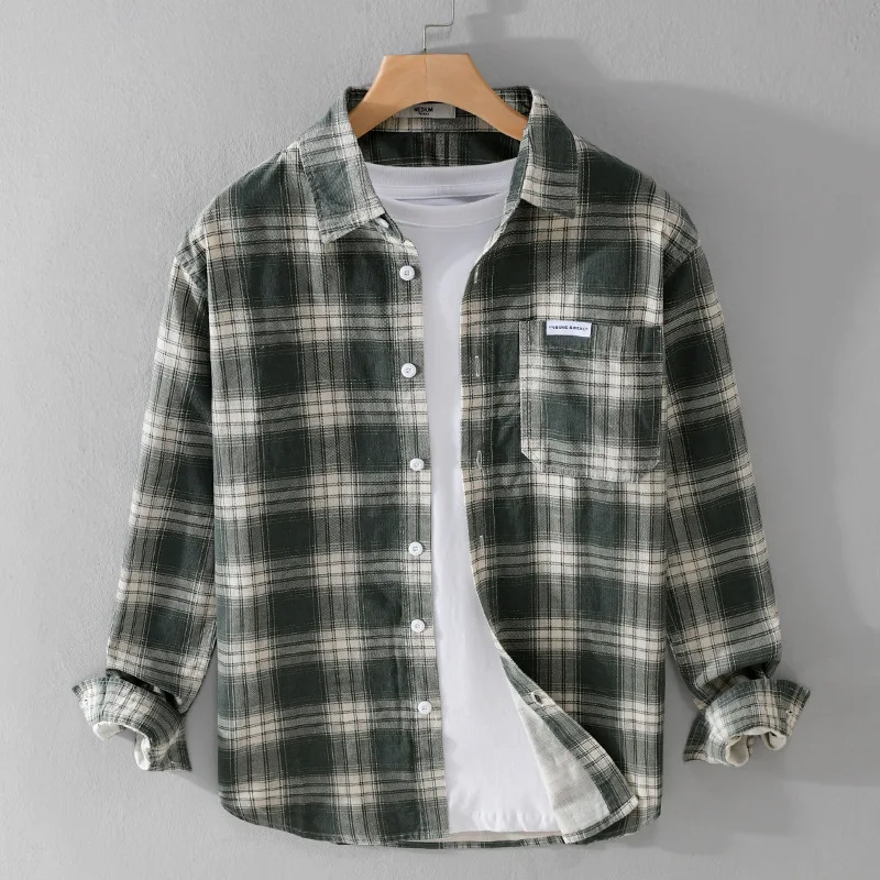  Japanese Plaid Cotton Shirt Men's Casual Artistic Inner Wear Simple Trendy Brand Men's Full Cotton Jacket Coat