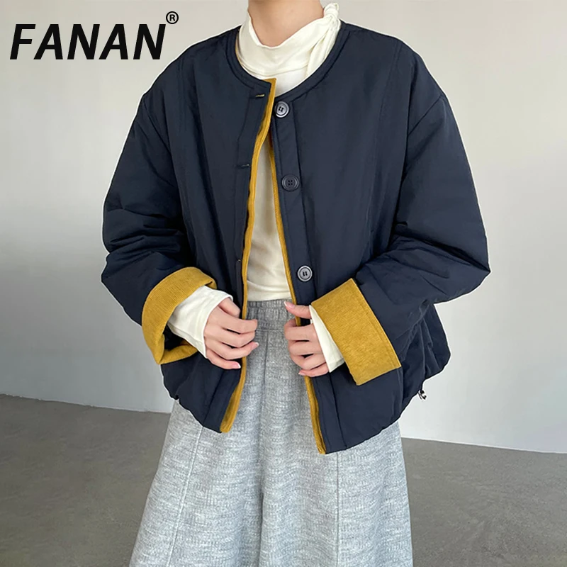 

FANAN Contrast Color Cotton Coats For Women Round Neck Single Breasted Thick Warm Jackets Minimalism Casual Outwear Winter New