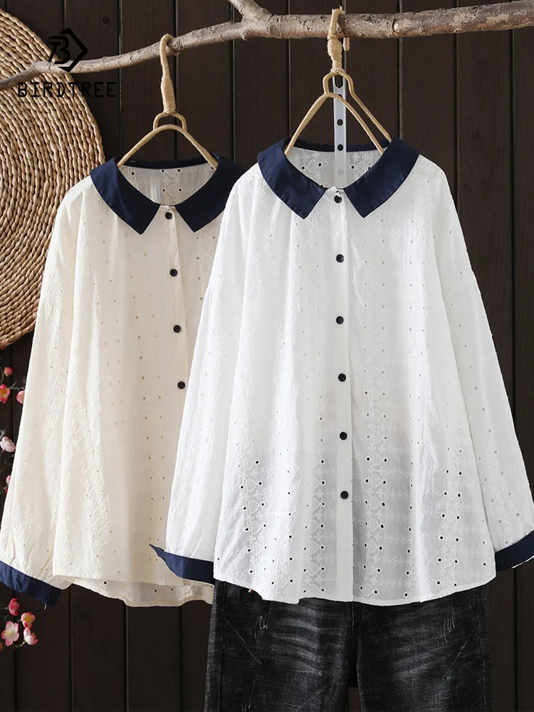 

New 2026 Spring Cotton Long Sleeve Shirt, Women Turn-down Collar Hollow-out, Mori Girl Retro Design Sense Loose Blouse T5D556CC