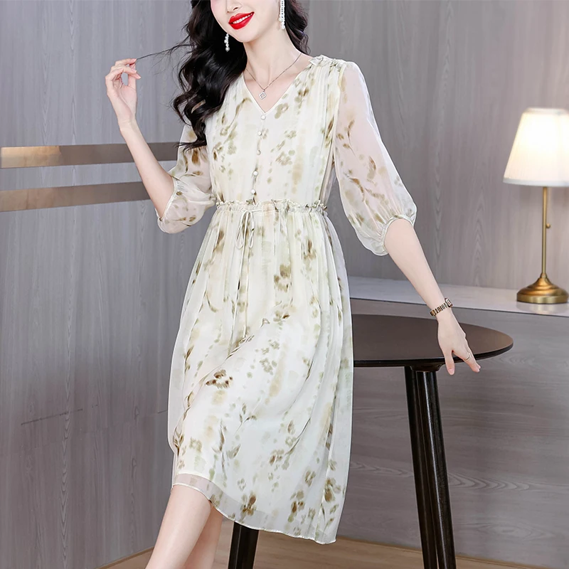 

2025 Women's Vintage Print Beach Elegant Evening Dress Spring Holiday Boho Hepburn Vestidos Summer Luxury Silk Casual Midi Dress