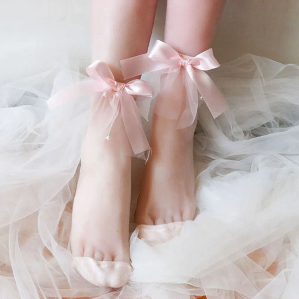 

Kawaii Lolita однотонные сетчатые стеклянные пряжи тонкие кружевные короткие носки с бантом и жемчугом