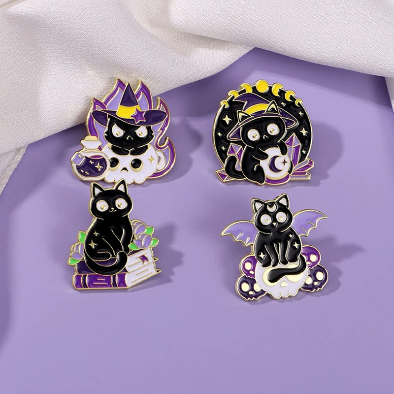 Creative Magic Black Cat Metal Brooch Moon Crystal Book Medicine Bottle Skull Bat Witchcraft Black Cat Badge Punk Lapel Pin Gift