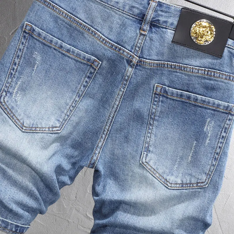 y2k fashion new denim shorts scratch washed nostalgic stretch slim fit retro light blue embroidered jeans high street hip-h