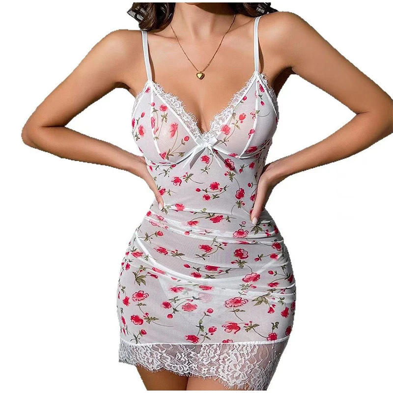 Women's Lace Sleepwear Camisole Dress Floral Print Sheer Mesh Nightgown Lightweight Deep V Neck Summer Pajama Dress