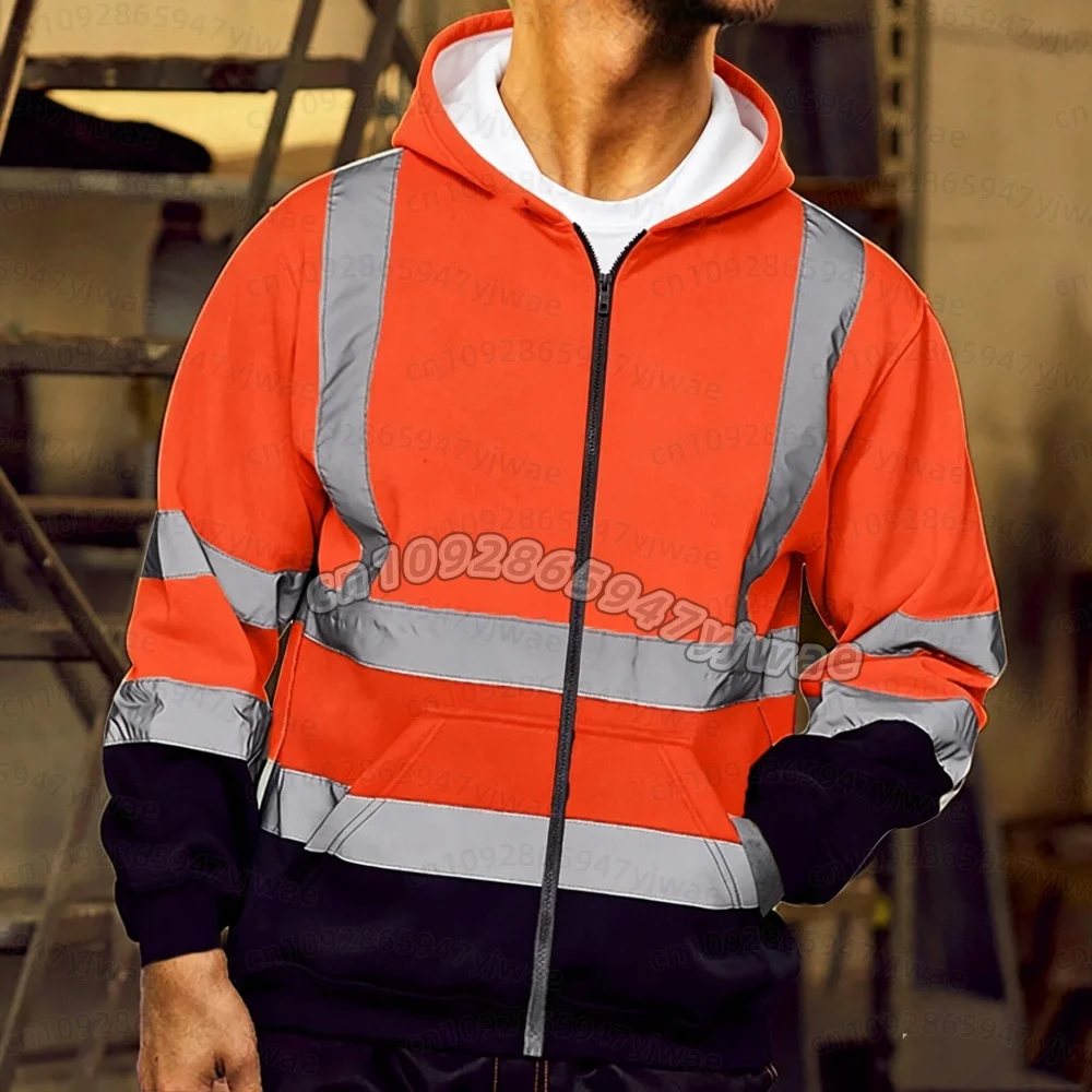 26 Herren-Kapuzenpullover mit reflektierenden Streifen, langärmelig, figurbetont, mit Reißverschluss, Kapuze, für Sanitärarbeiter, Arbeitskleidung, Sweatshirt – Detail 9