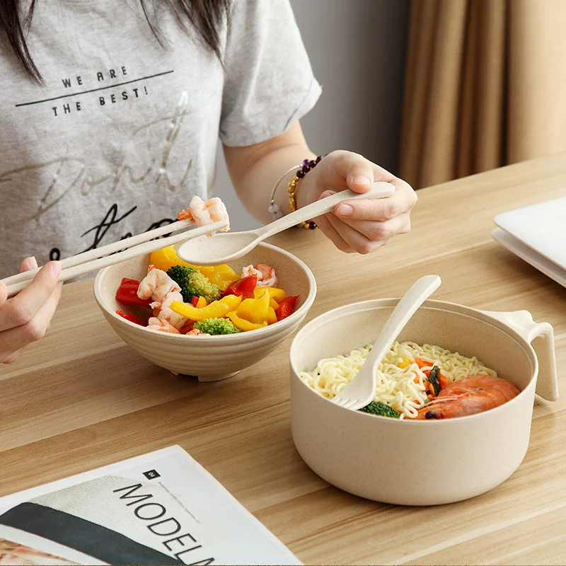 Wheat Straw Bowl Kitchen Spoon Chopsticks Fork Kitchen Tableware Sets Anti-Fall Bowls Noodle Soup Snack Salad Fruit Bowl
