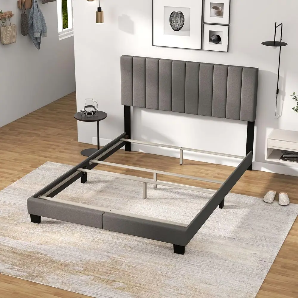

Gray Queen Size Upholstered Platform Bed with Linen Fabric and Solid Wood Legs