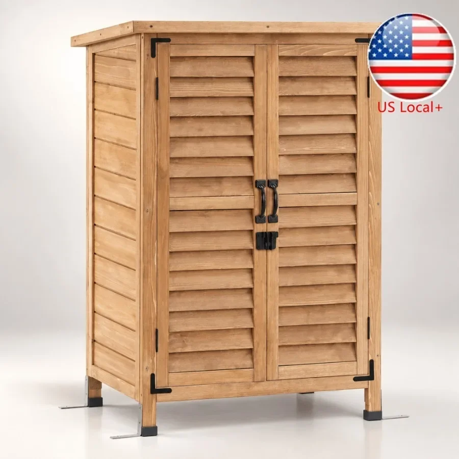 Small Outdoor Storage Cabinet for patio use, made of wood with shelf, yellow color, weather-resistant finish