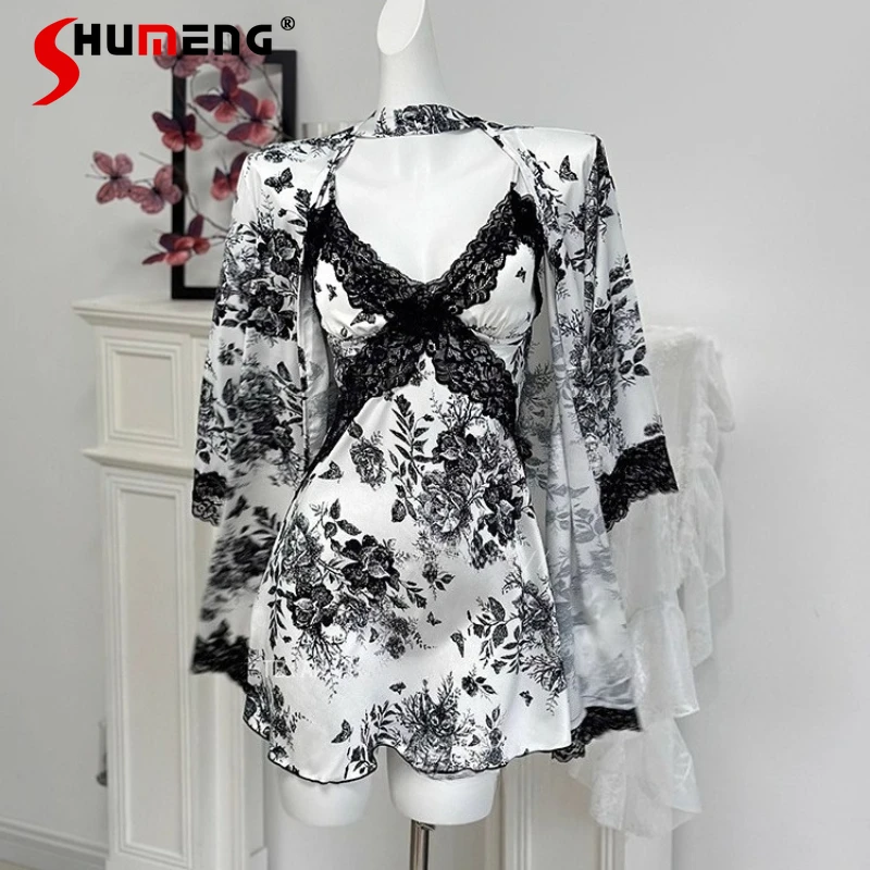 

Ink Painting Sexy Nightdress and Robe Set for Women Ice Silk Pure Desire Style Nightgowns Female Casual Underwear Gown Suits