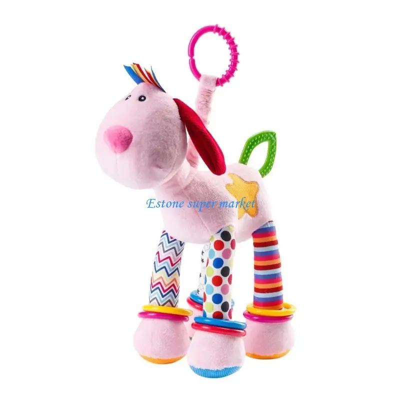 090B Sensory Baby Bed Crib Mobile Cartoon Giraffe Plush Toy with Teether Rattle Soothing Pendant for Stroller Car