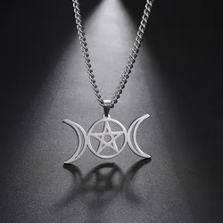 Kkjoy Stianless Steel Triquetra Moon Necklace Wiccan Triple Goddess Pentacle Pentagram Necklace Religious Amulet Chock Jewelry