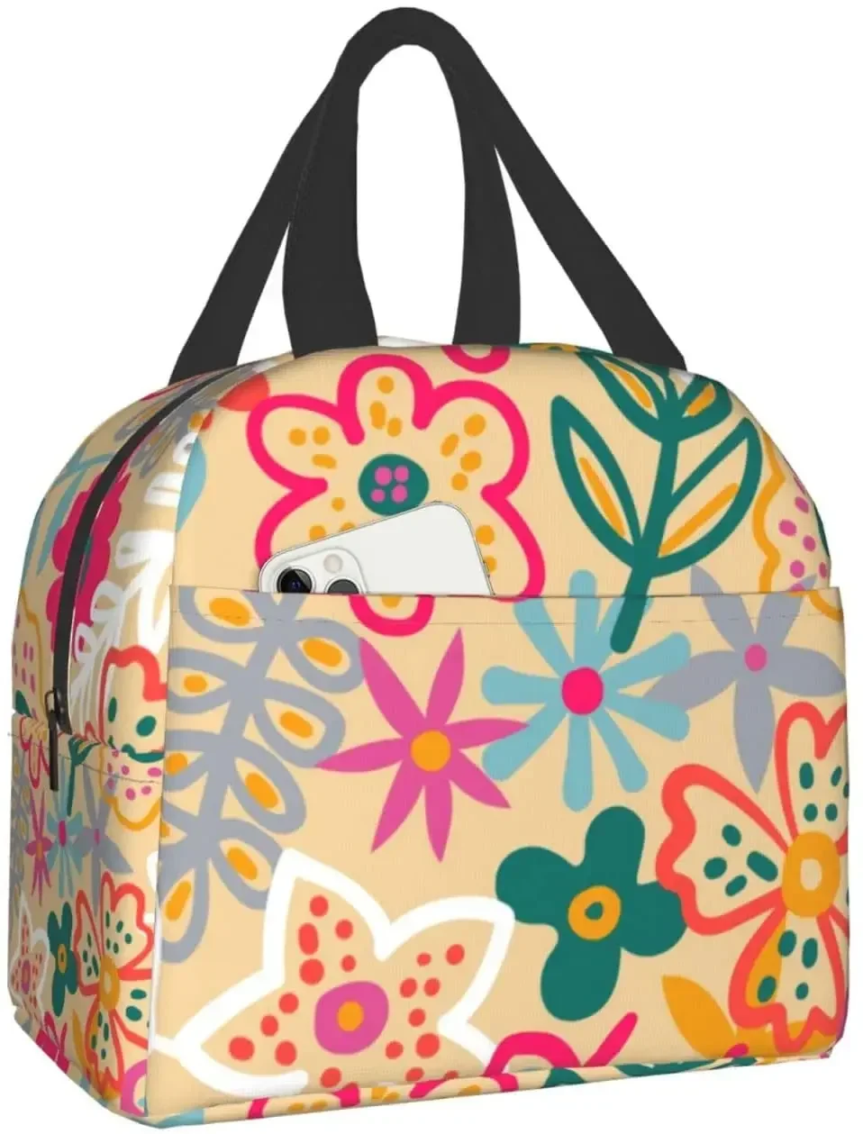 Lunch Bag Colorful Floral Insulated Lunch Box Freezable Cooler Thermal Waterproof Lunch Tote Bag for Travel Work Hiking Picnic