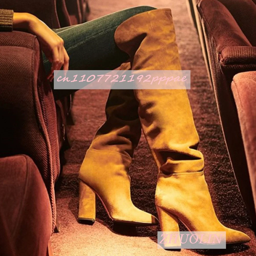 Vintage Brown Suede Thick Heel Boots With Winter Pointed Side Zipper Loose Over The Knee Boots Elegant Anti Slip Warm Long Boots