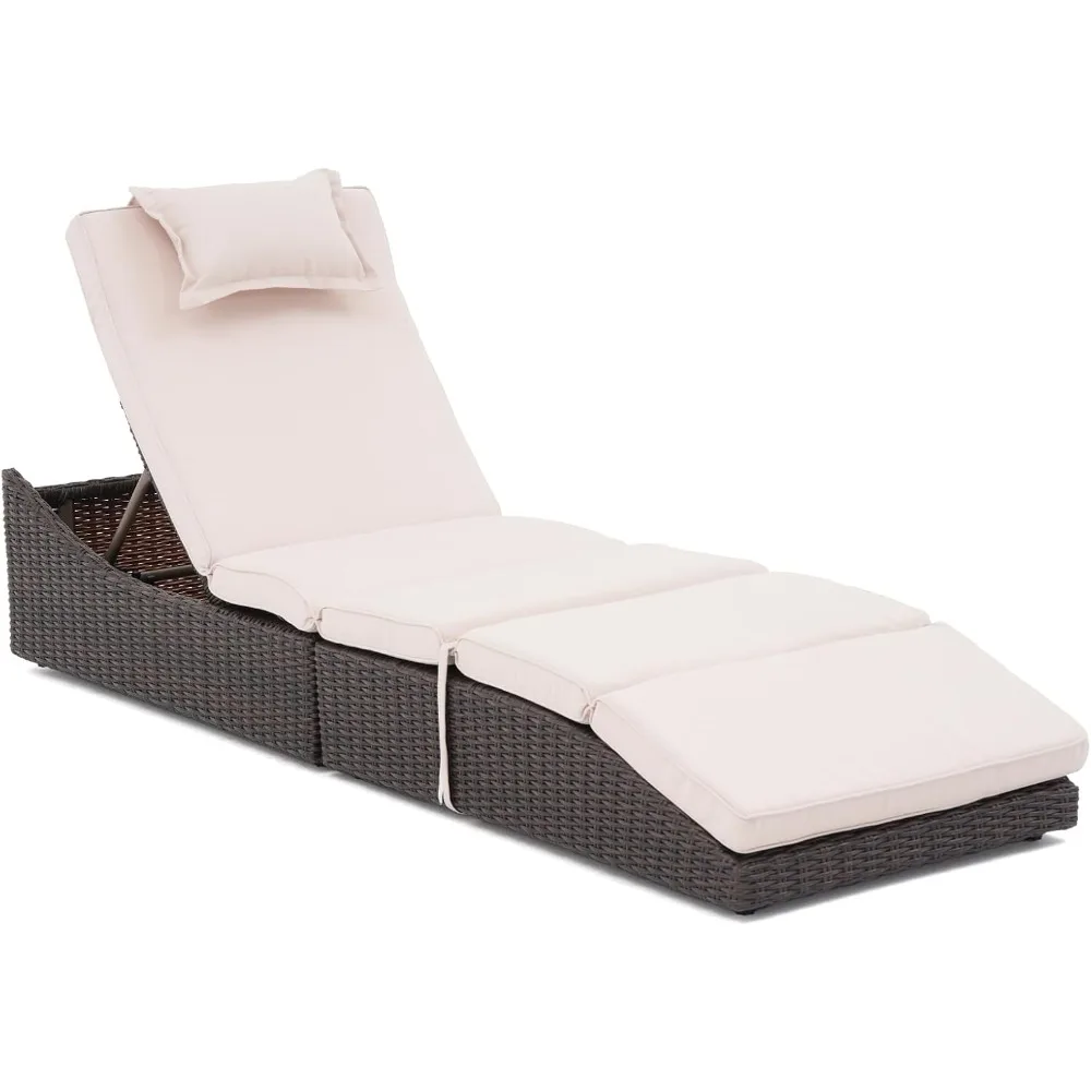 

Folding Outdoor Adjustable Chaise, Lounge Chair with Removable Cushion, Fully Assembled, Patio PE Rattan Reclining Lounger