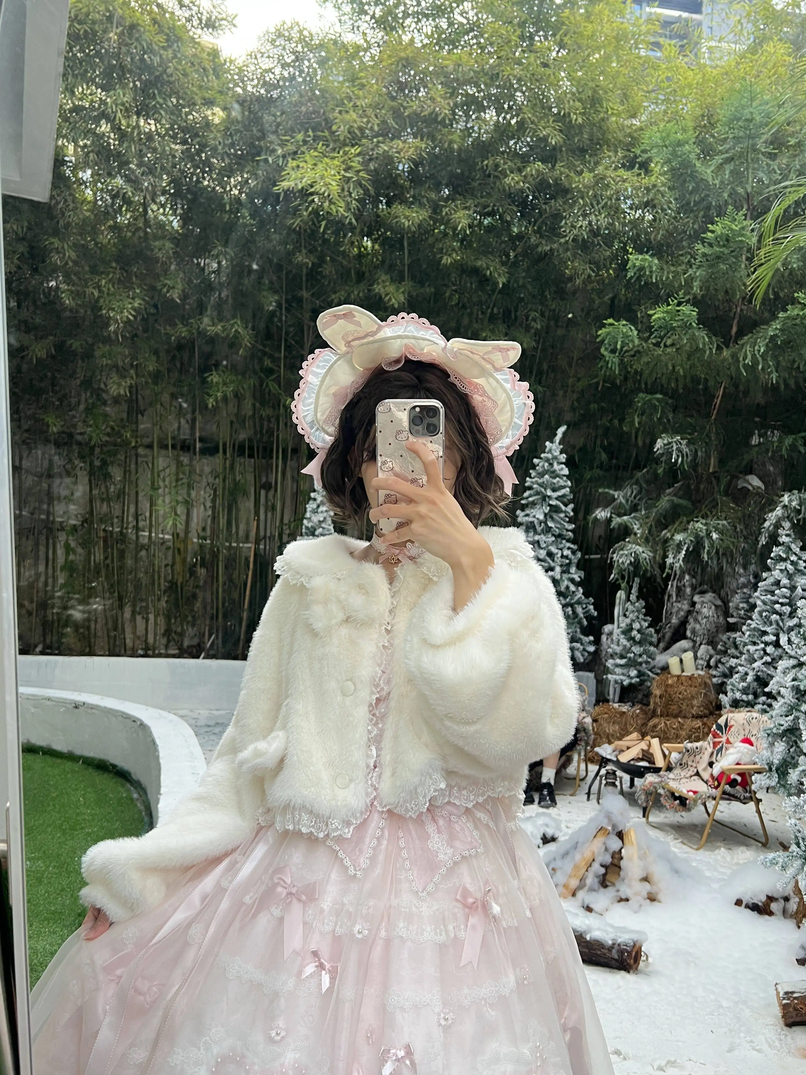 Winter Thickened Warm Japanese Style Lolita Short Plush Coat Doll Collar Lace Trim Bow Sweet Cute Girl Coat