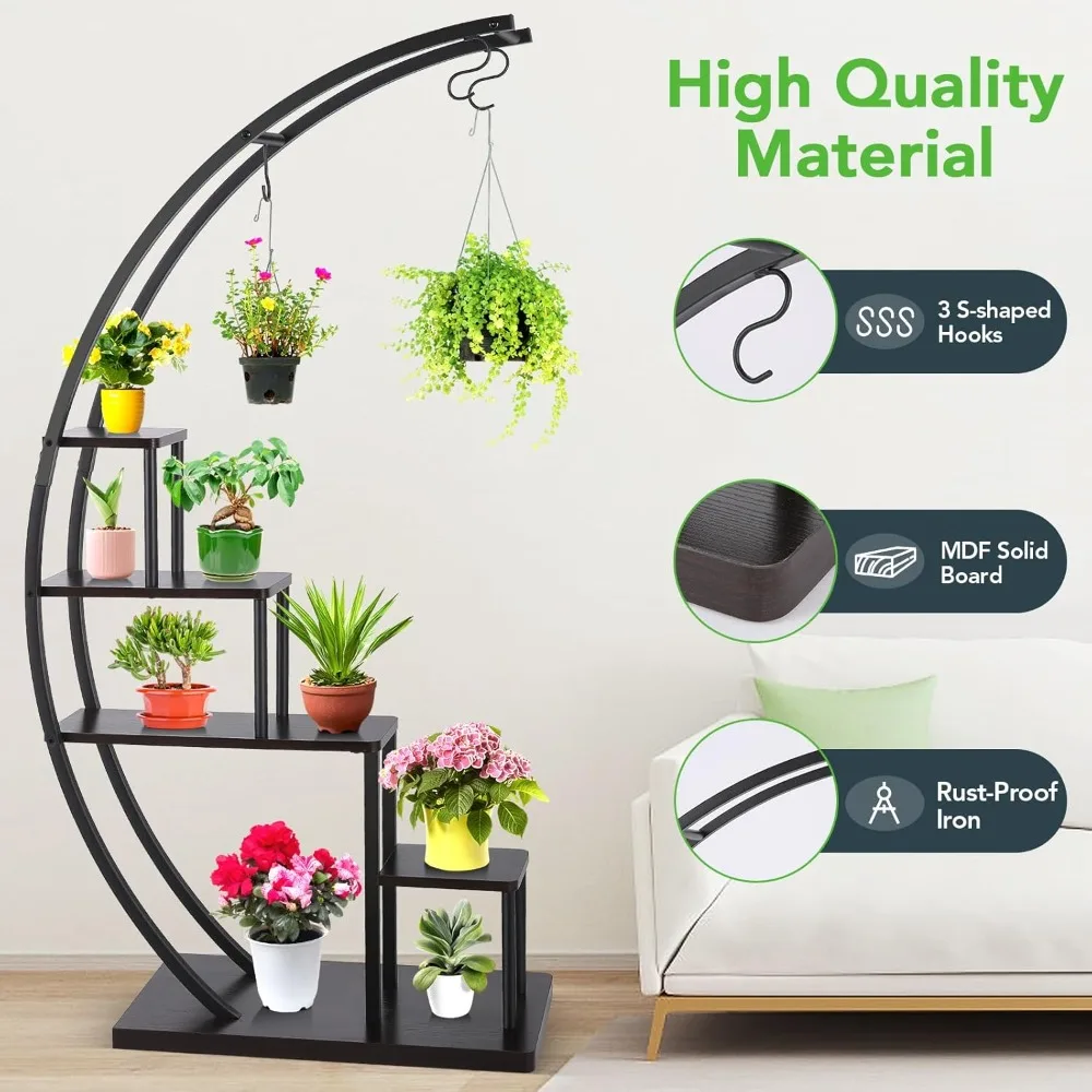 5 Tier Metal Plant Stand Indoor, Tall Half Moon Plant Stands, Heart Shape Flower Pot Shelves for Planter Display with 6 “S”