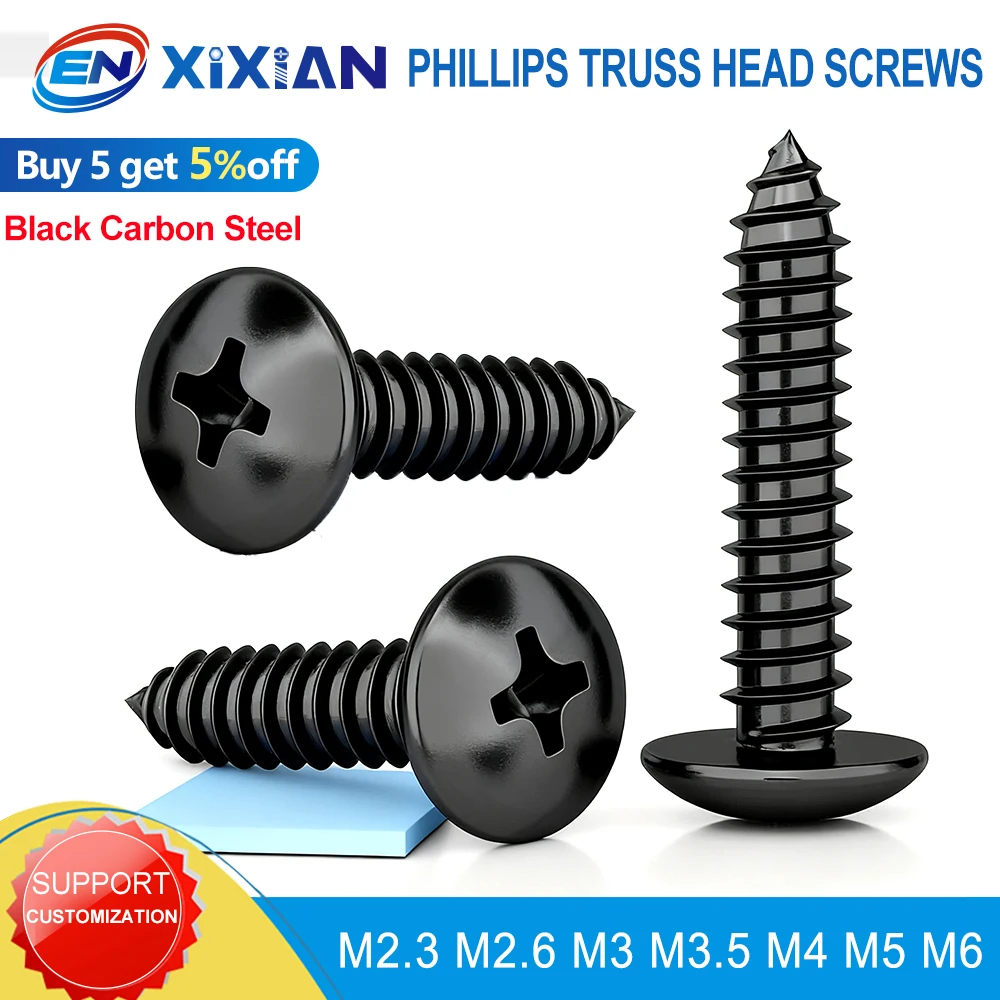 M2.3 M2.6 M3 M3.5 M4 M5 M6 Black Carbon Steel Phillips Truss Head Cross Recessed Mushroom Head Self Tapping Screws 10pcs-150pcs