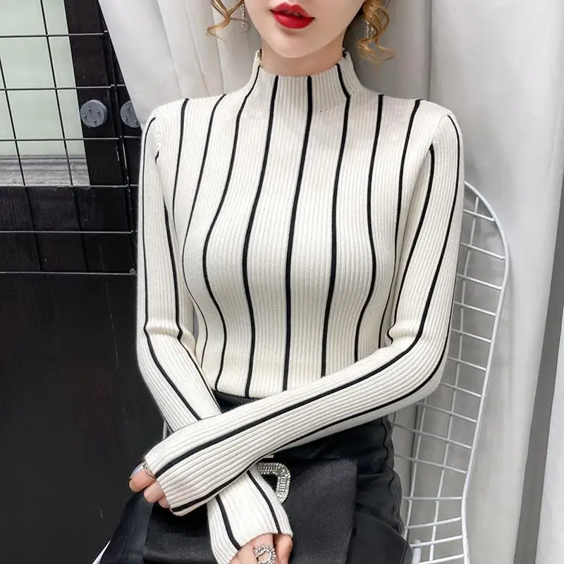 Autumn and Winter Women\'s Pullover Stripe Colored Half High Neck Loose Fit Sweater Knitted Bottom Fashion Elegant Casual Tops