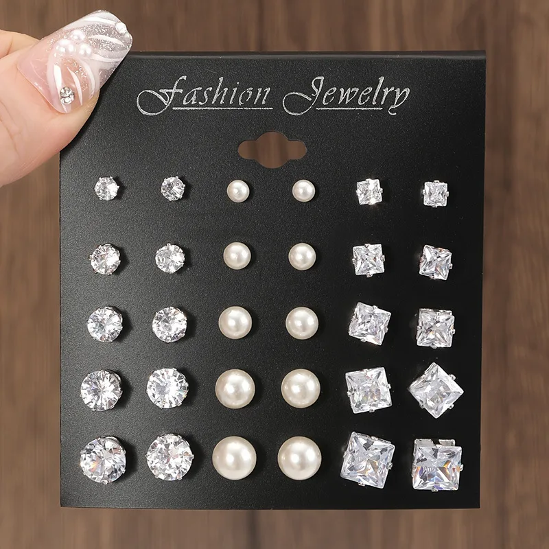 15 Pairs of Retro Pearl Geometric Six Claw Crystal Zircon Earrings Set, Suitable for Daily Wear for Both Men and Women