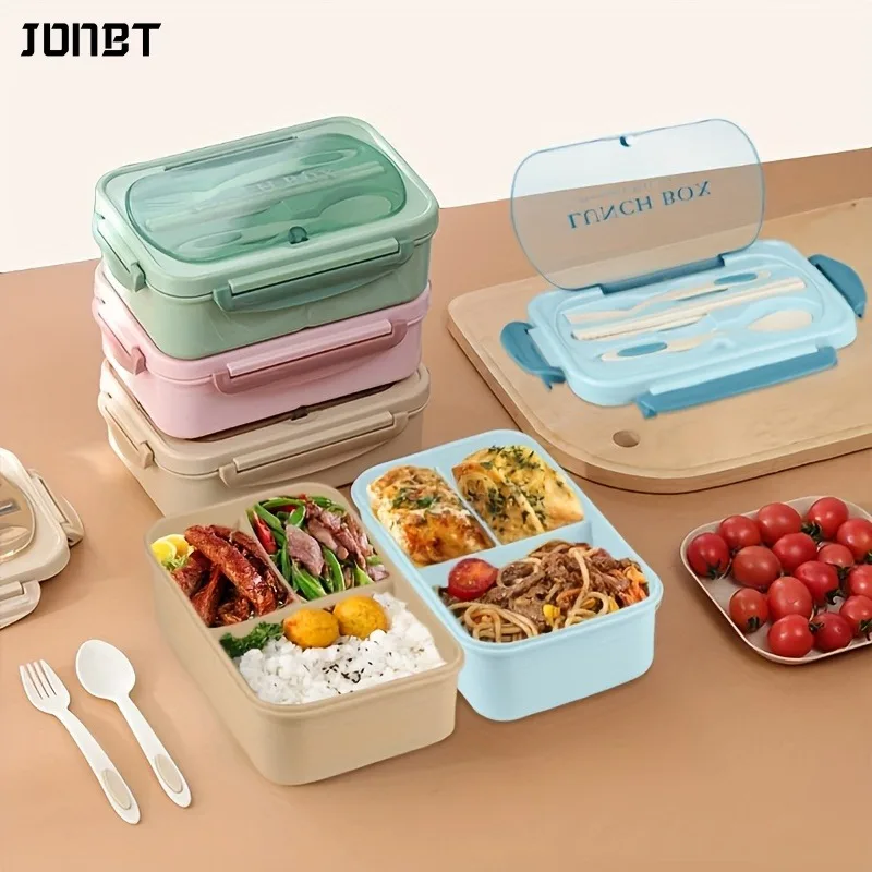

3-Compartment Lunch Box with Tableware Microwavesafe Durable Plastic Food Storage Containers for School Work Camping Bento Box