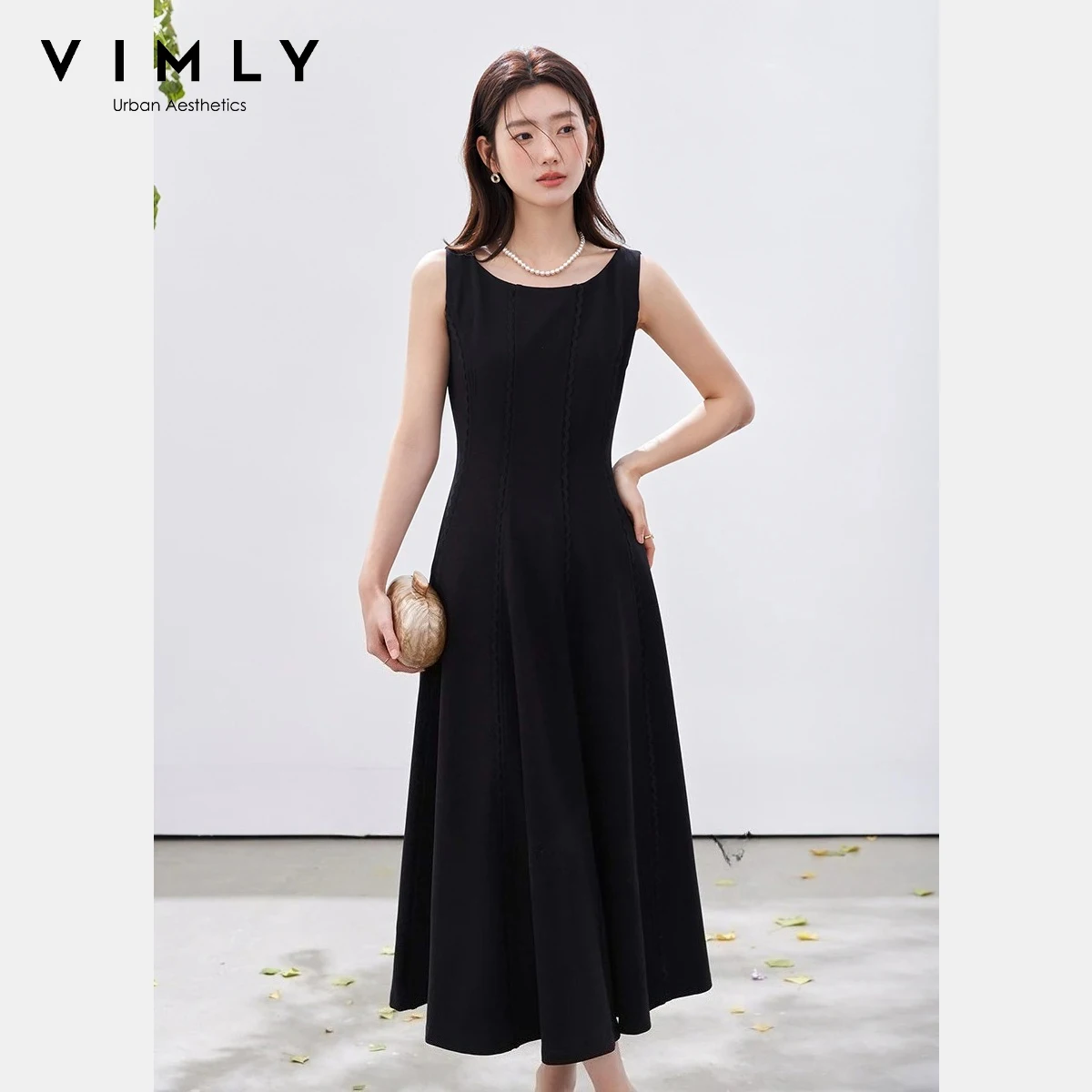 

VIMLY Black Commuter Sleeveless Midi Dress for Women 2026 Summer New Fashion Elegant Lace Trim Round Neck A-Line Dress A3851