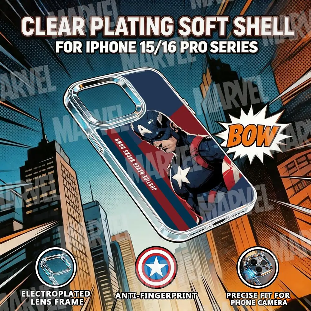 Captain America MARVEL Phone Case MARVEL For iPhone 17 air 16 15 14 13 12 11 Pro Max Plus Chrome Button Camera Ring Transparent