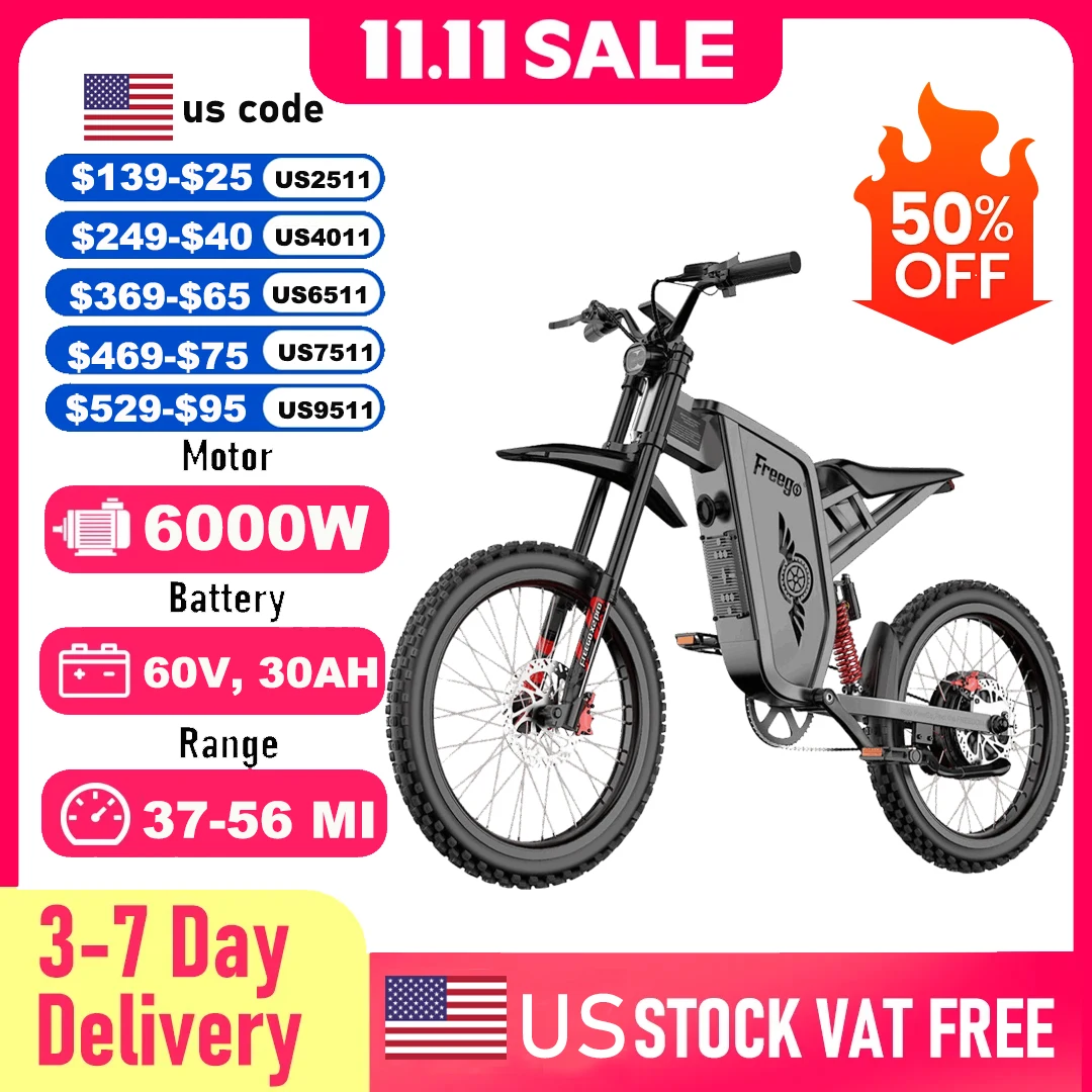 

Электрический велосипед Freego для взрослых, электрический мотоцикл X2 Pro, двигатель 6000 Вт, аккумулятор 1800 Втч, полная подвеска, 50 миль в час, внедорожный электронный велосипед