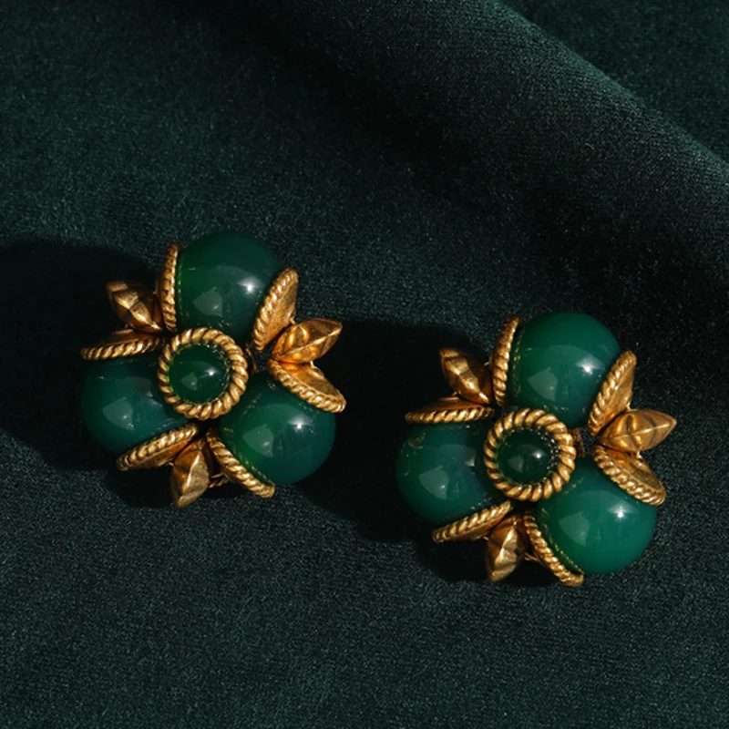 

Vintage Emerald Earrings For Woman Three Ball Agate Big Gold Color Leaf Luxury Elegant Quality Jewelry Fashion Design Gifts 2025