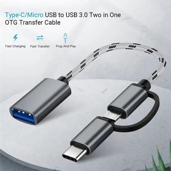 2 in 1 USB OTG Cable Type-C/Micro-USB to USB 3.0 Adapter Braided Designed Data Transfer Cable for Andriod Phone(Grey)