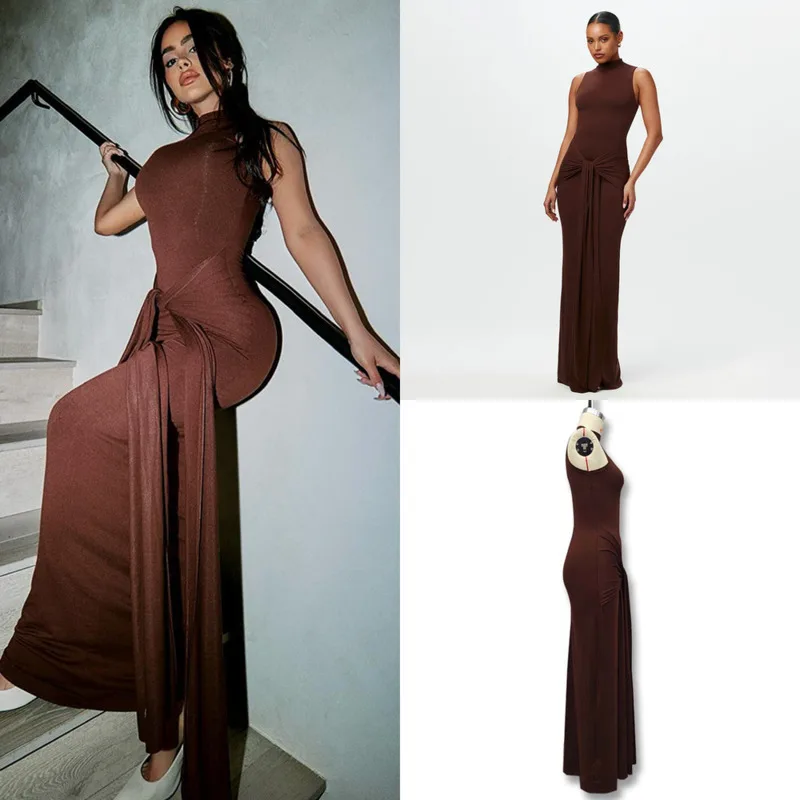 

Solid Sleeveless High Neck Bodycon Maxi Dress Women Ruched Waist Irregular Hem Slim Fit Elegant Long Dress Evening Party Wear