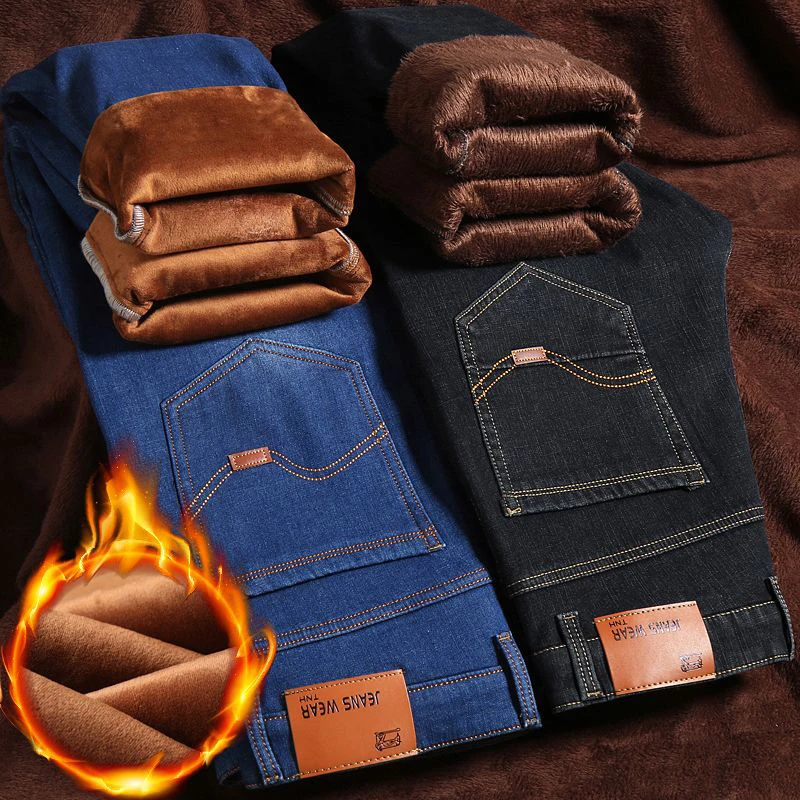 

New Men Autumn Winter Warm Jeans Male Snow Warm Plush Fleece Loose Straight Leg Denim Pants Plus Size Blue Black Trousers