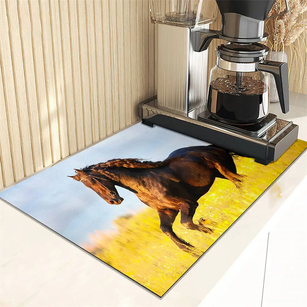 Running Horse Pattern Drain Pad Super Absorbent Dish Drying Mat Non-Slip Anti-mildew Counter Top Mat Sink Dish Draining Mat