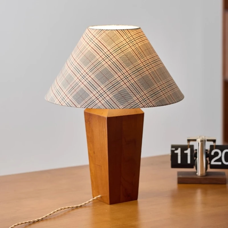 Italian Rectangle Wooden Base LED Table Lamp Grid Linen Fabric Lampshade Living Room Bedroom Restaurant Study Reading Desk Light